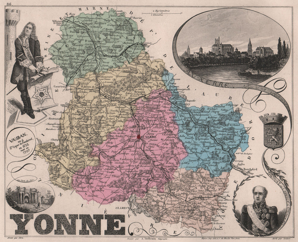 YONNE. Département. Auxerre. Davoust. Vauban. VUILLEMIN 1879 old antique map