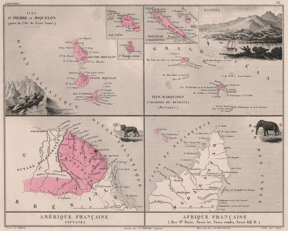 COLONIES FRANÇAISES Miquelon Marquises Guyane Comores Nouméa.VUILLEMIN 1879 map