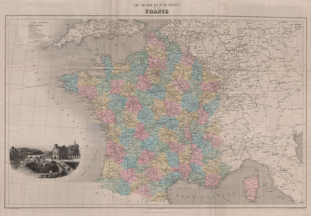 FRANCE RAILWAYS/TELEGRAPHS Chemins de fer/Télégraphes.Large. VUILLEMIN 1879 map
