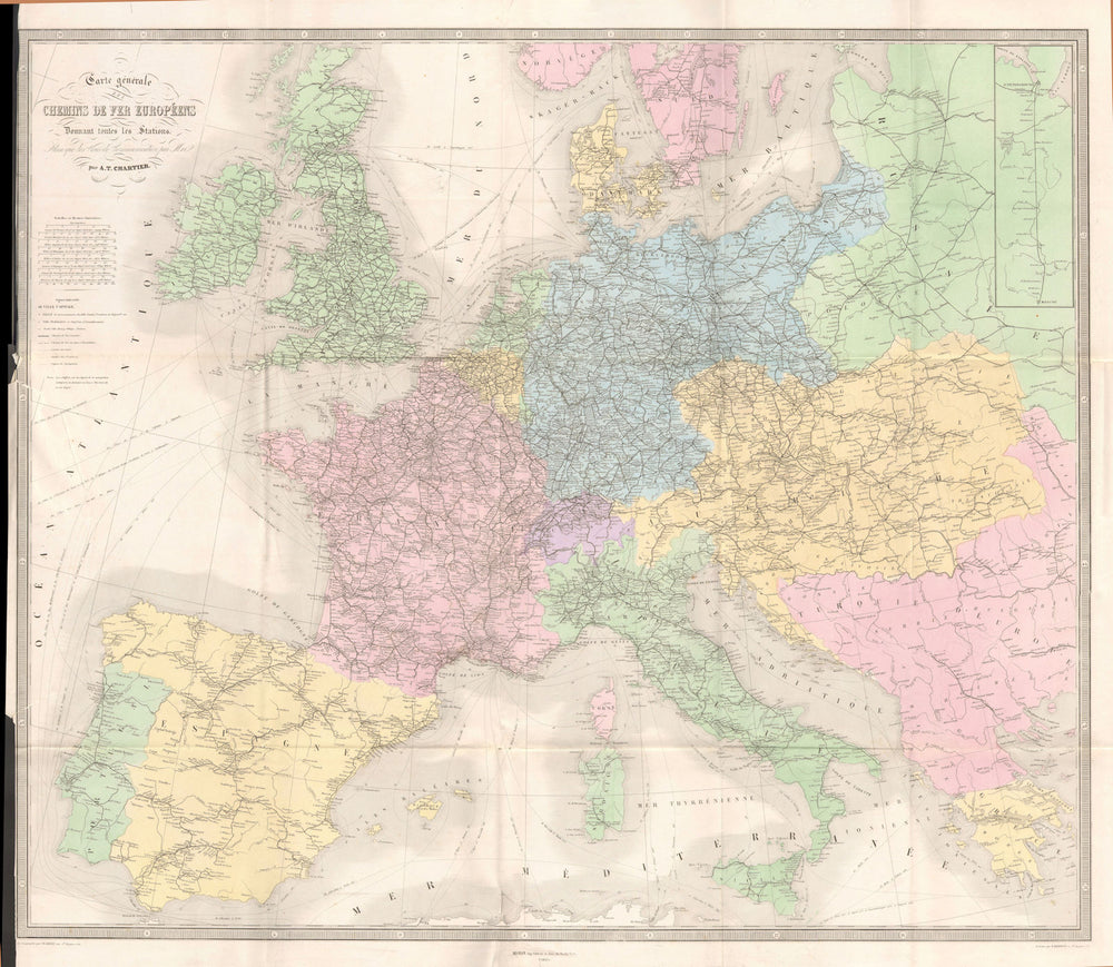 Large EUROPEAN RAILWAYS map. In use & UC. Steamship routes. VUILLEMIN 1879