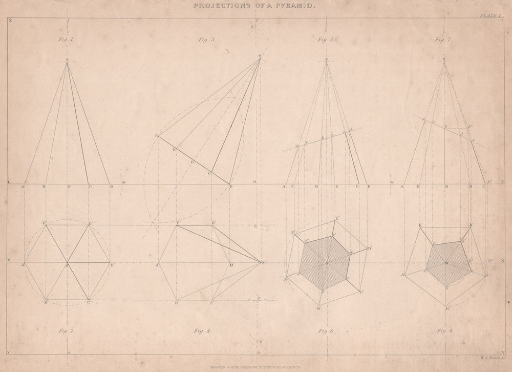 VICTORIAN ENGINEERING DRAWING. Projections of a Pyramid 1876 old antique print