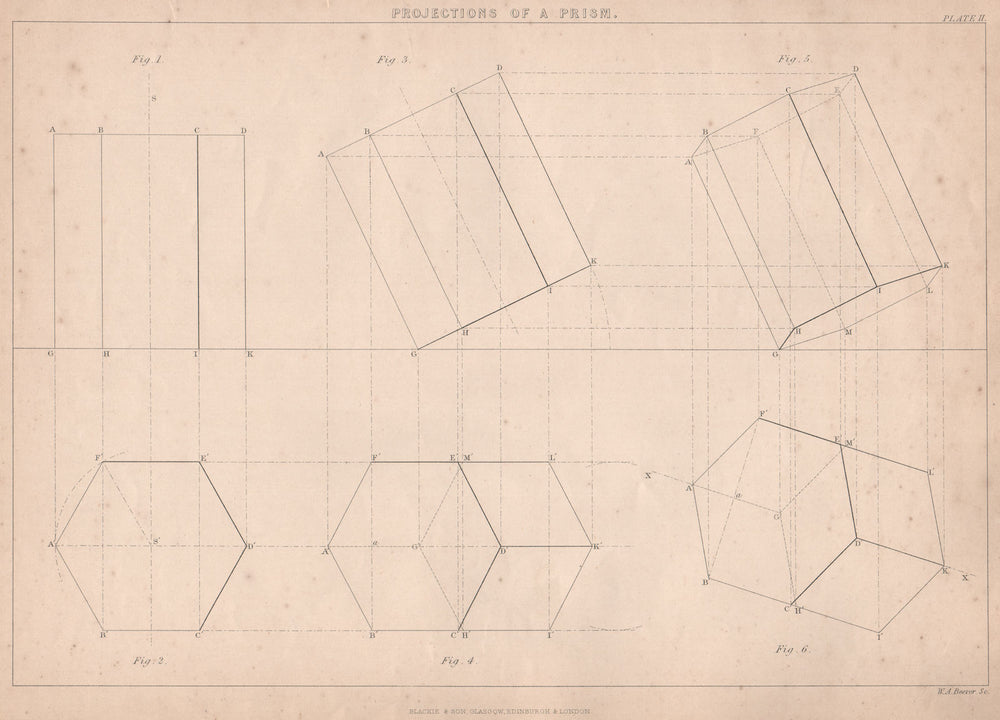VICTORIAN ENGINEERING DRAWING. Projections of a Prism 1876 old antique print