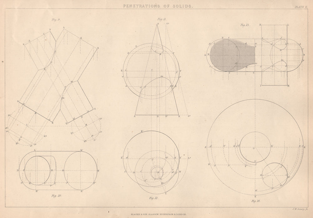 VICTORIAN ENGINEERING DRAWING. Solids penetrations. Cylinders Cones Spheres 1876