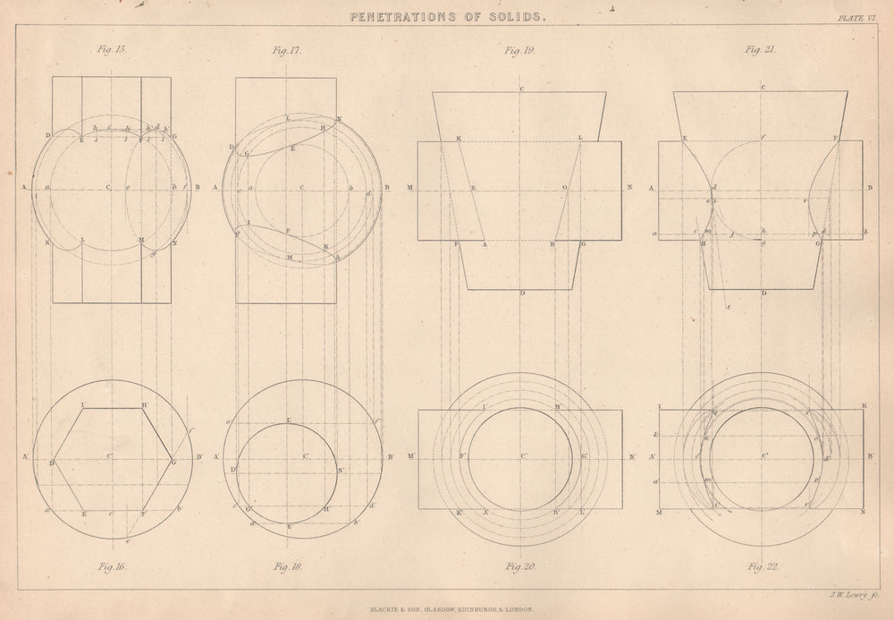 19C ENGINEERING DRAWING. Solids penetrations Cylinders Prisms Spheres Cones 1876