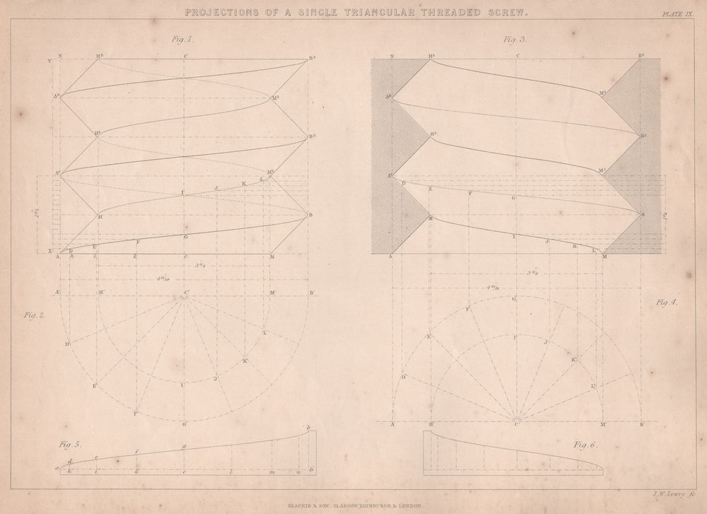 19C ENGINEERING DRAWING. Single triangular threaded screw & nut. Projection 1876