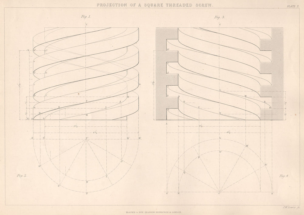 VICTORIAN ENGINEERING DRAWING. Projection of a square Threaded Screw 1876