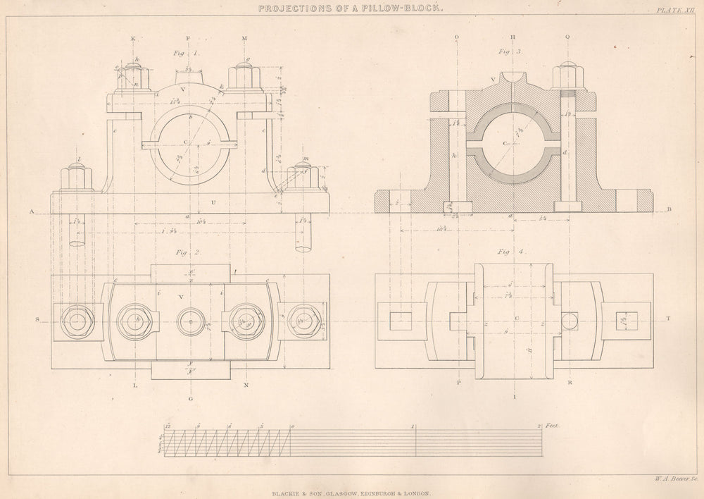 VICTORIAN ENGINEERING DRAWING. Projections of a Pillow-Block 1876 old print