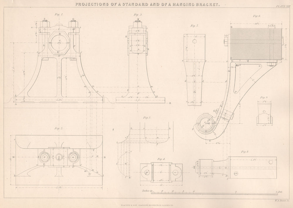 VICTORIAN ENGINEERING DRAWING. Standard & hanging bracket projections 1876