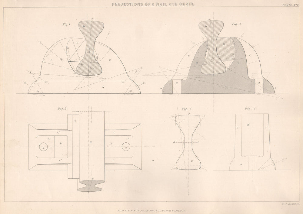 VICTORIAN ENGINEERING DRAWING. Projections of a Rail and Chair 1876 old print