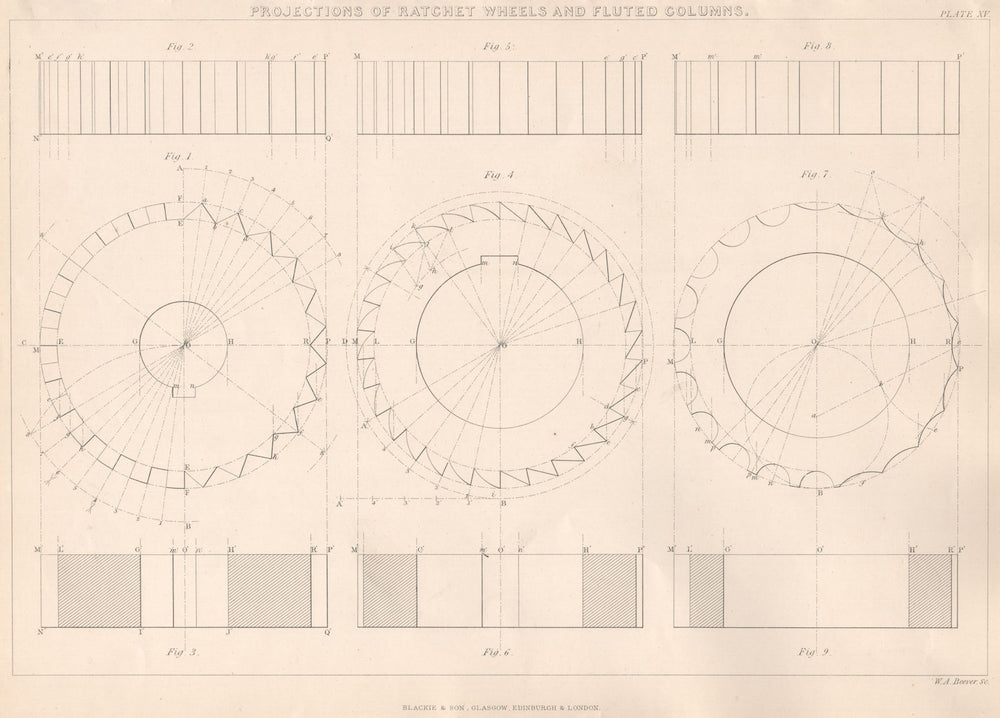 VICTORIAN ENGINEERING DRAWING. Ratchet wheels & fluted columns projections 1876