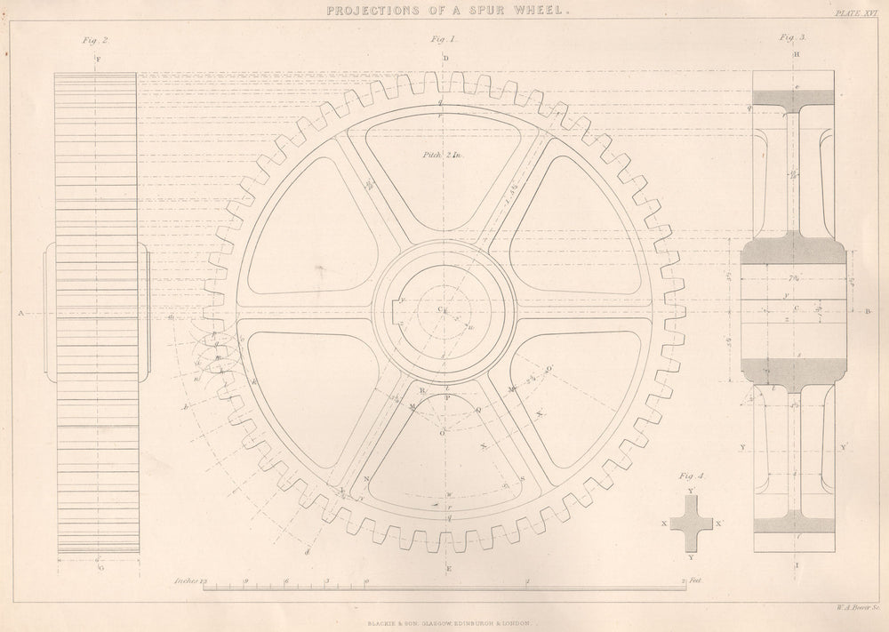 VICTORIAN ENGINEERING DRAWING. Projections of a Spur wheel 1876 old print