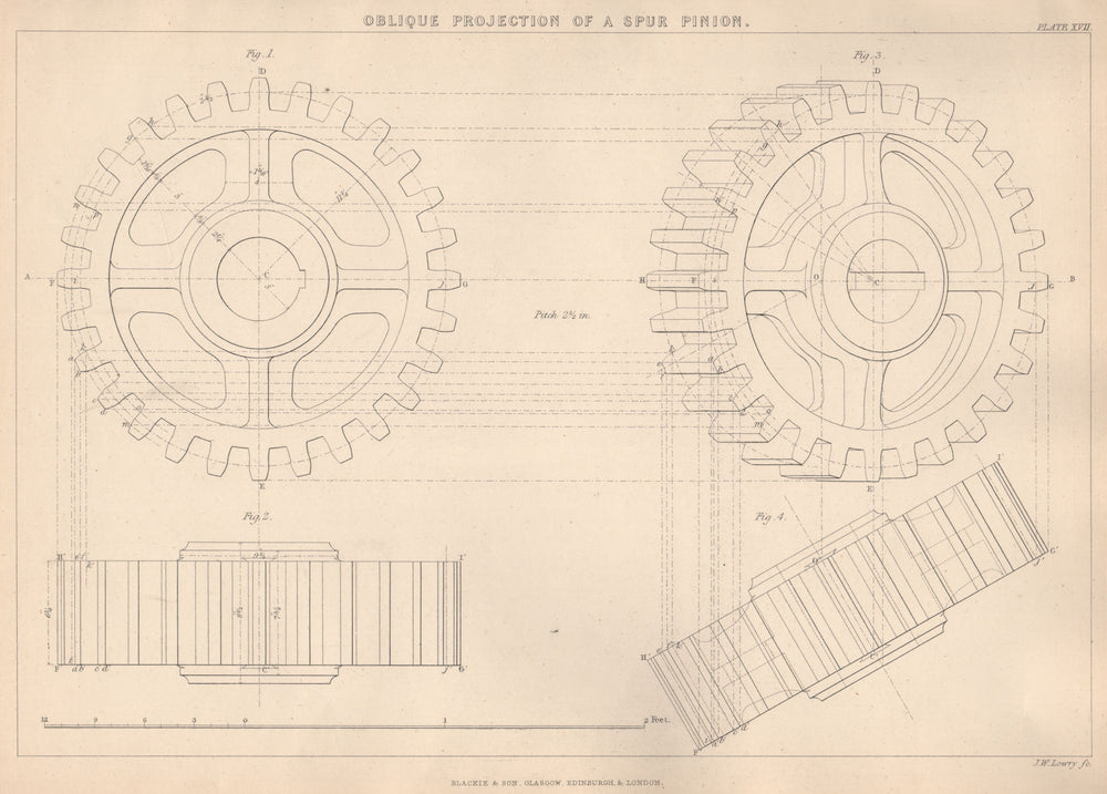 VICTORIAN ENGINEERING DRAWING. Oblique Projection of a Spur-Pinion 1876 print
