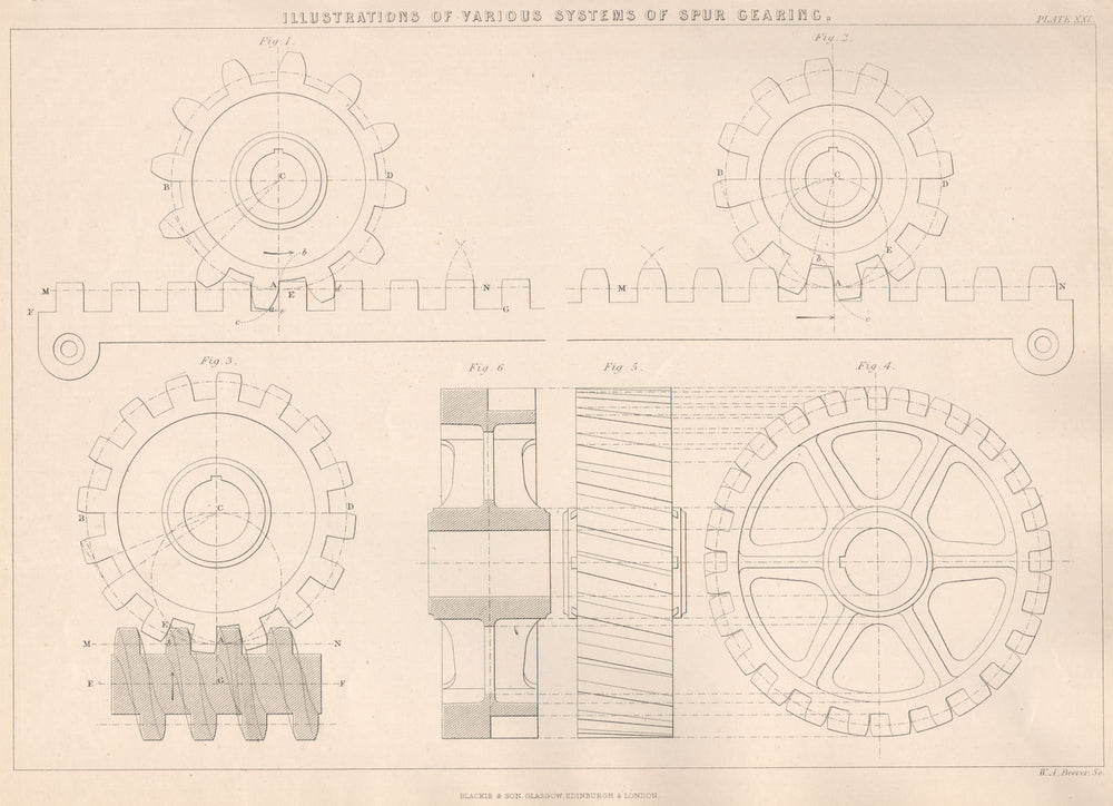 VICTORIAN ENGINEERING DRAWING. Spur gearing system illustrations 1876 print