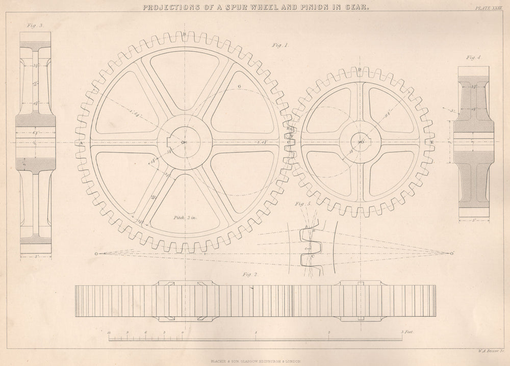 VICTORIAN ENGINEERING DRAWING. Spur wheel & pinion in gear. Projections 1876