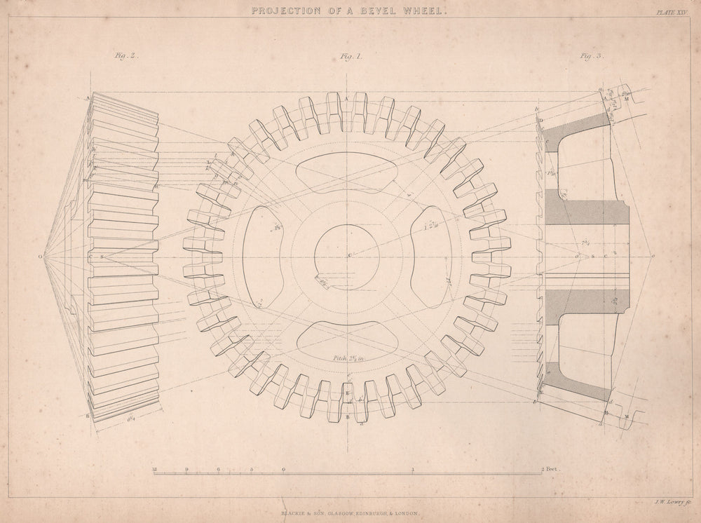 VICTORIAN ENGINEERING DRAWING. Projection of a Bevel-Wheel 1876 old print