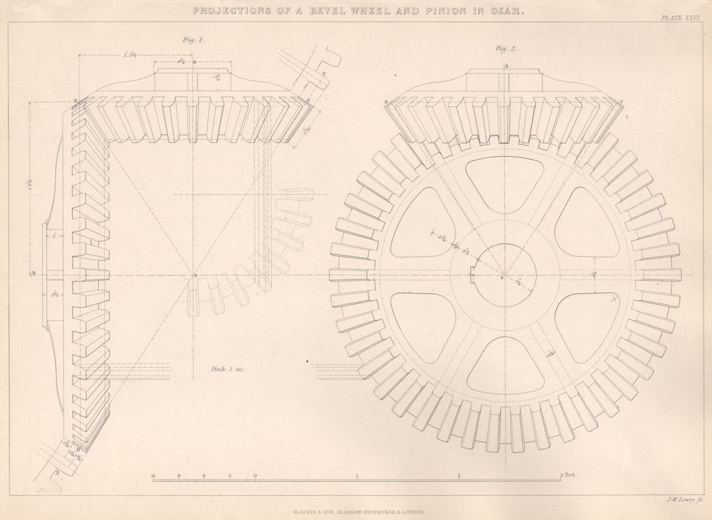 VICTORIAN ENGINEERING DRAWING. Bevel-wheel & pinion in gear. Projections 1876