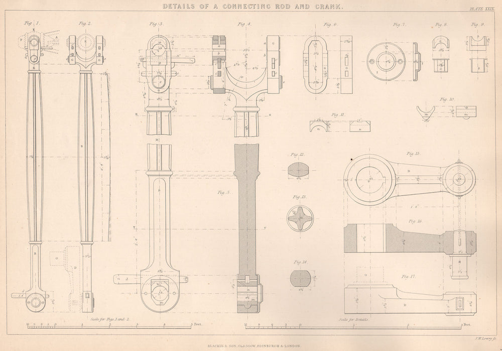 VICTORIAN ENGINEERING DRAWING. Details of a connecting Rod and Crank 1876