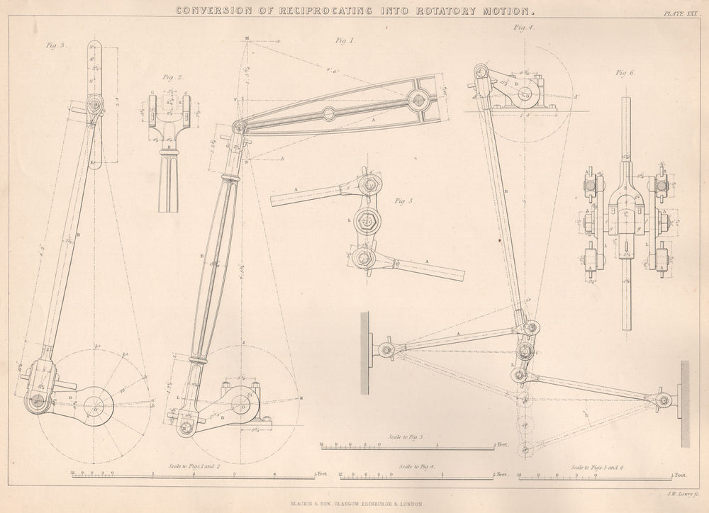 VICTORIAN ENGINEERING DRAWING. Reciprocating to rotatory motion conversion 1876