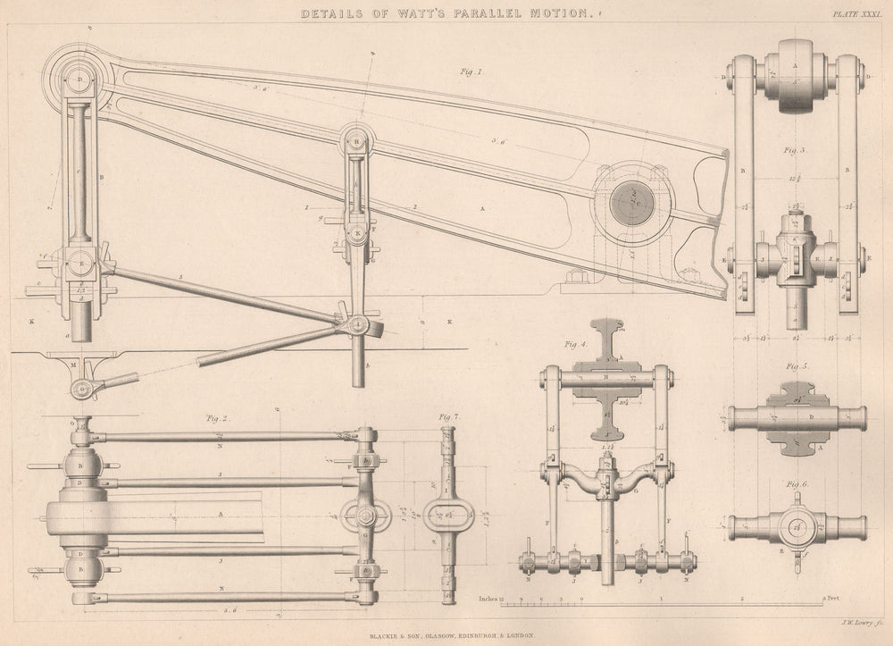 VICTORIAN ENGINEERING DRAWING. Details of Watt's parallel motion 1 1876 print