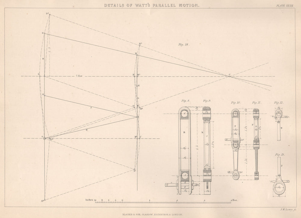 VICTORIAN ENGINEERING DRAWING. Details of Watt's parallel motion 2 1876 print