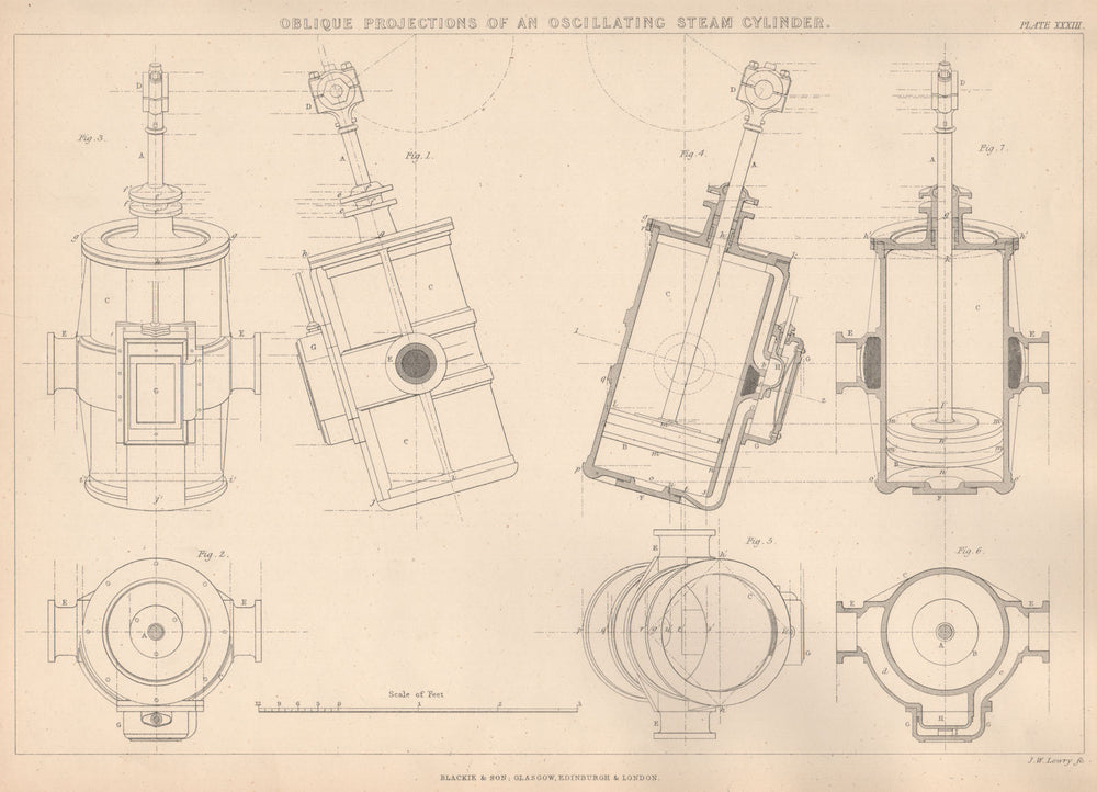 VICTORIAN ENGINEERING DRAWING Oscillating steam cylinder oblique projection 1876