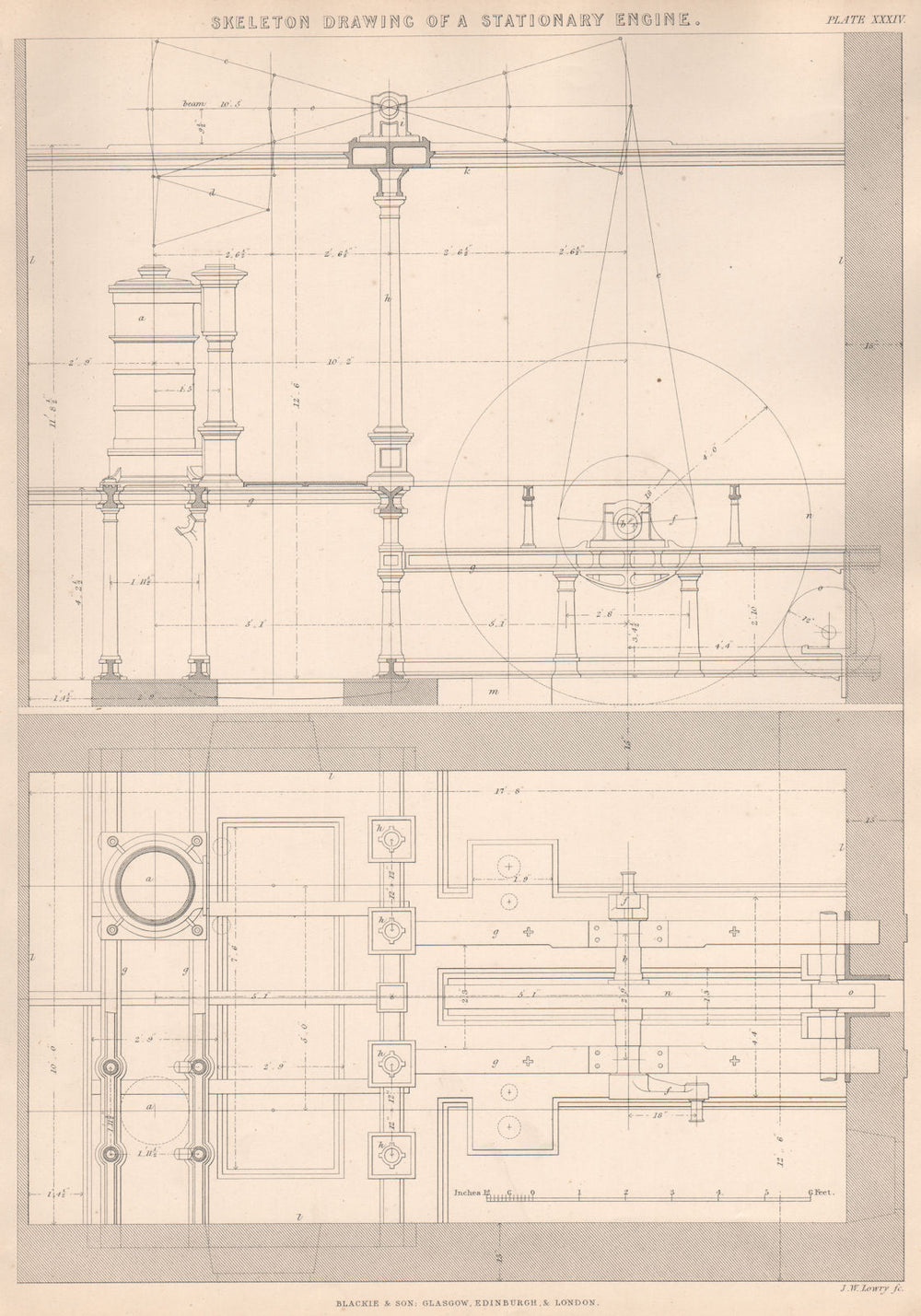 VICTORIAN ENGINEERING DRAWING. Skeleton drawing of a Stationary Engine 1876