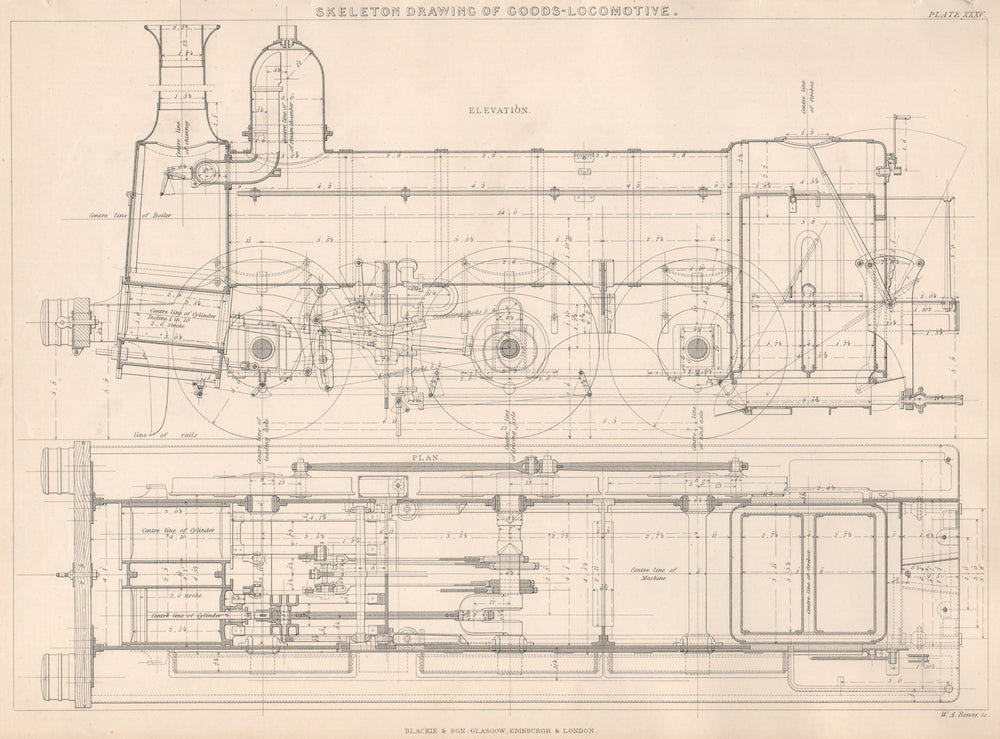 VICTORIAN ENGINEERING DRAWING. Skeleton drawing of Goods Locomotive 1876 print