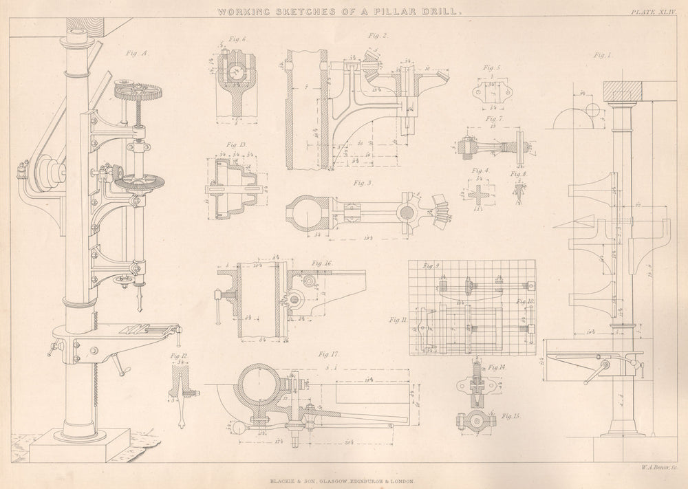 VICTORIAN ENGINEERING DRAWING. Working sketches of a Pillar Drill 1876 print