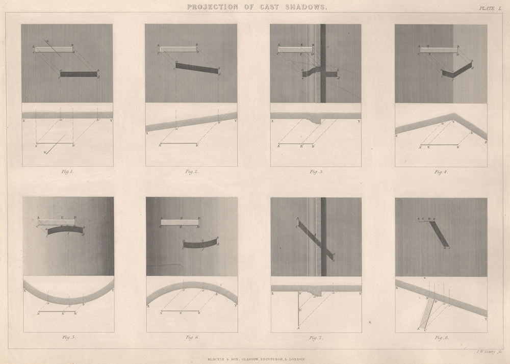 VICTORIAN ENGINEERING DRAWING. Cast shadows projection on vertical plane 1 1876