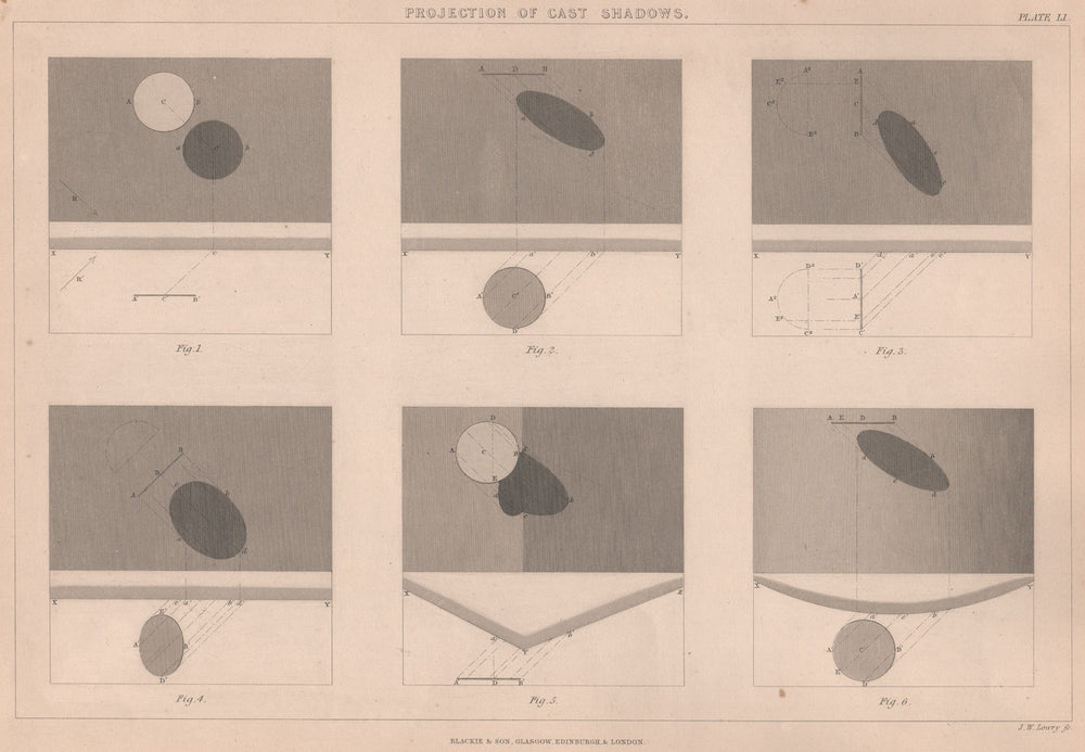 VICTORIAN ENGINEERING DRAWING. Cast shadows projection on vertical plane 2 1876