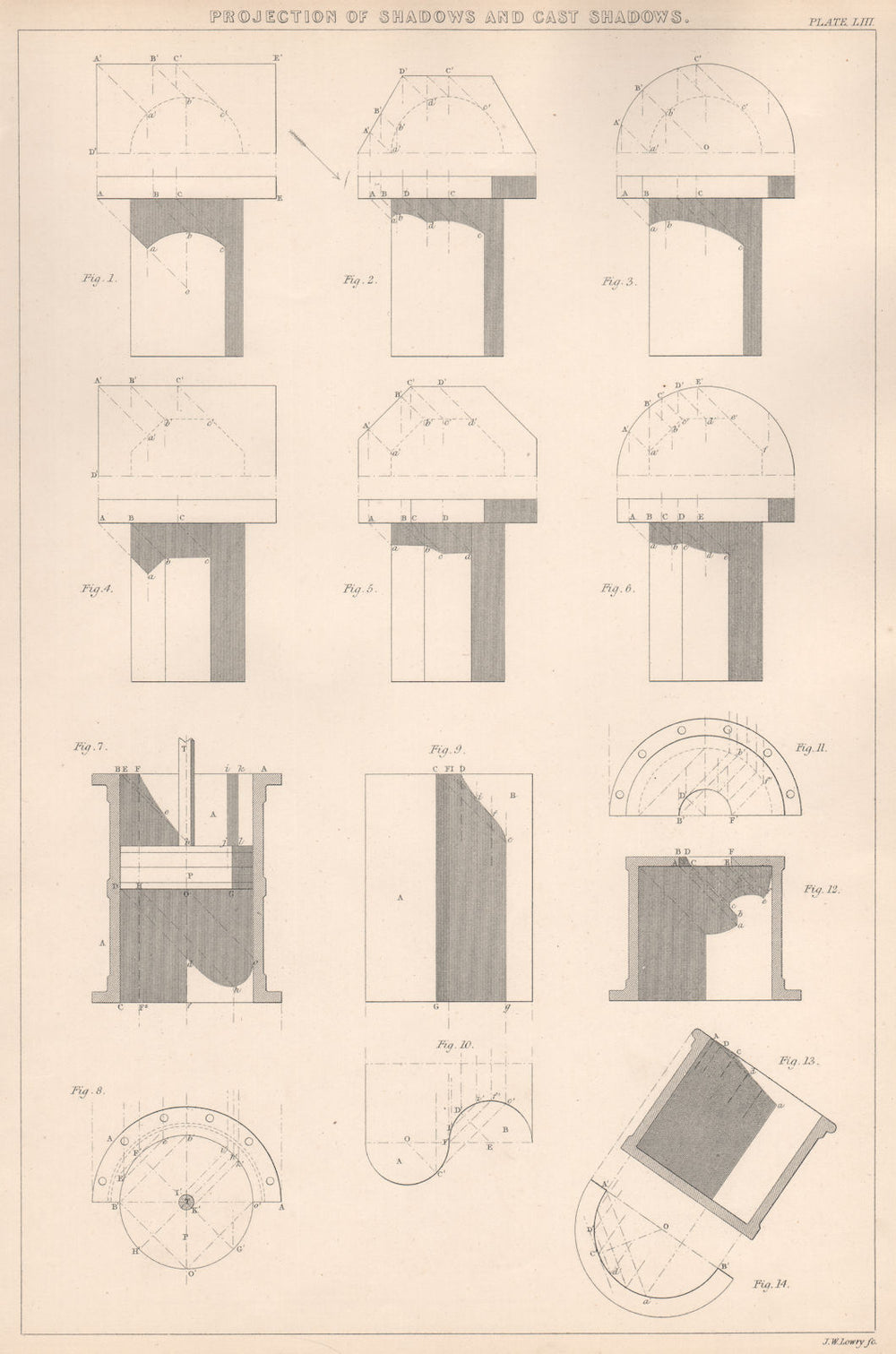 VICTORIAN ENGINEERING DRAWING. Cast shadows projection. Prisms & Cylinders 1876