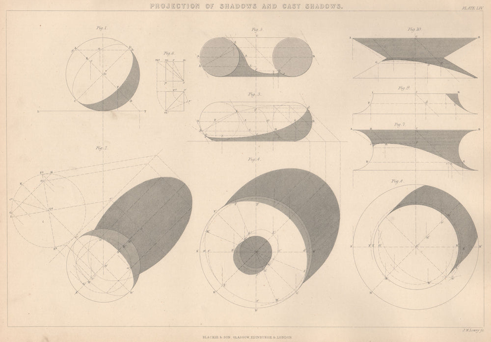 VICTORIAN ENGINEERING DRAWING. Cast shadows projection. Sphere &c 1876 print