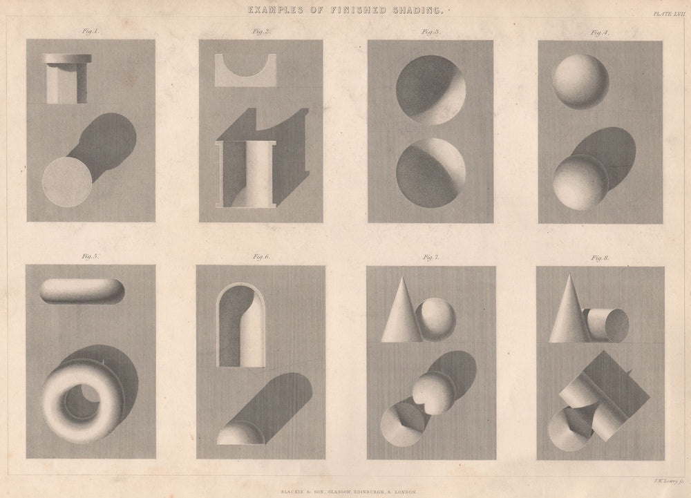 VICTORIAN ENGINEERING DRAWING. Finished shading examples. Cones Spheres 1876