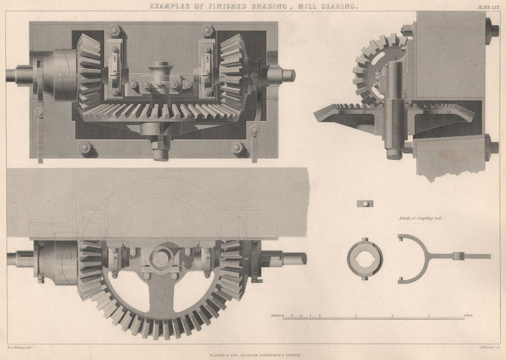 VICTORIAN ENGINEERING DRAWING. Examples of finished shading, Mill Gearing 1876