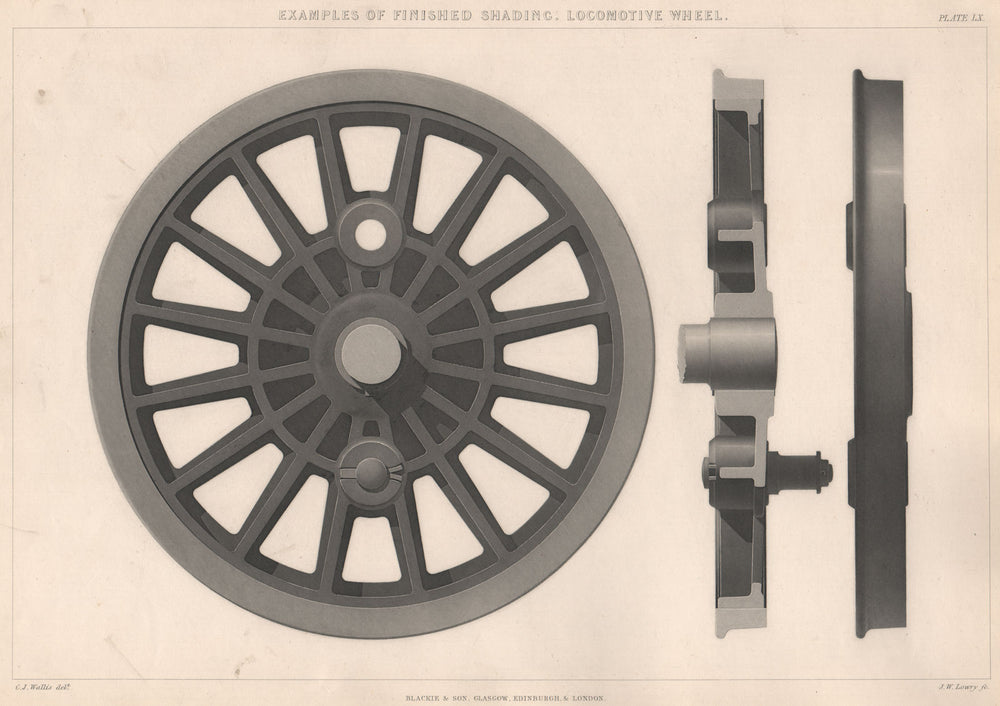 VICTORIAN ENGINEERING DRAWING. Finished shading. Locomotive wheel 1876 print