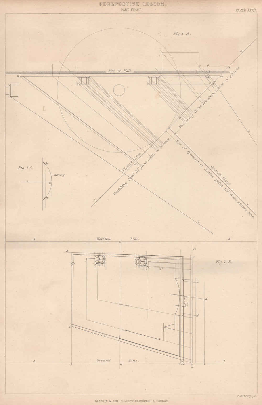 VICTORIAN ENGINEERING DRAWING. Perspective Lesson. Part first 1876 old print