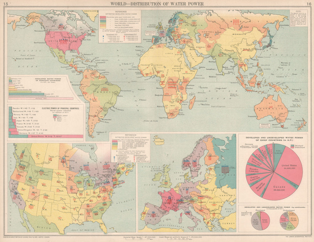 World. Distribution of water power. Hydroelectric 1925 old vintage map chart
