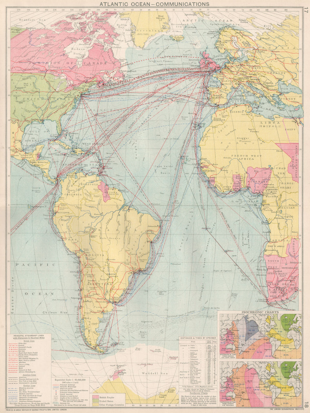 Atlantic Ocean Communications. Steamship lines/companies. Isochronic 1925 map