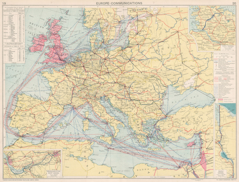 Europe/Mediterranean Communications. Steamship lines/companies. Suez 1925 map