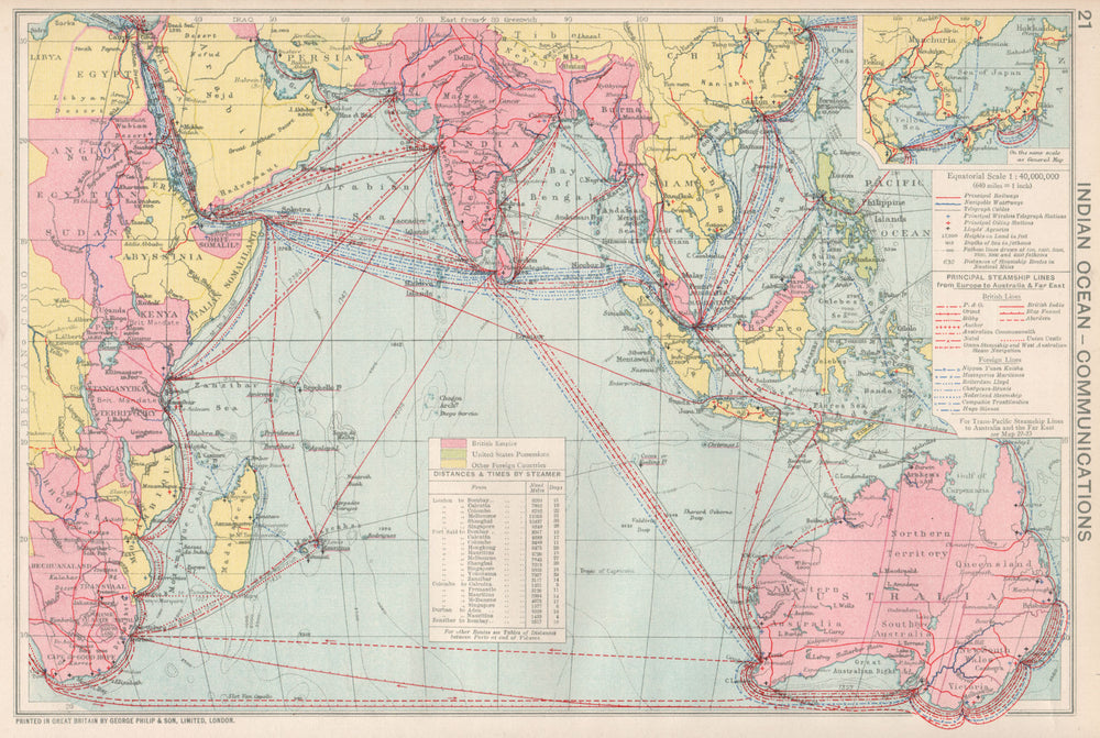 Indian Ocean Communications. Sea routes. Steamship lines/companies 1925 map