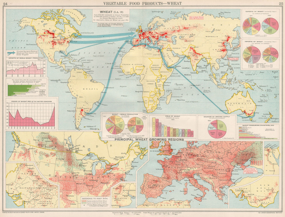 World. Food Production. Wheat. United States Europe Argentina Canada 1925 map