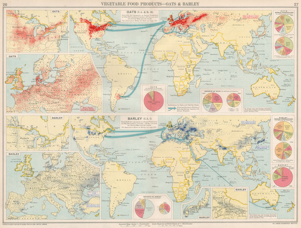 World. Food Production. Oats & Barley. Europe & USA Plains 1925 old map