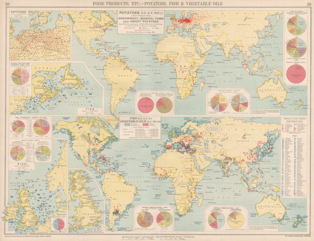 World. Food Production. Potatoes, Fish & Vegetable Oils. Canada 1925 old map