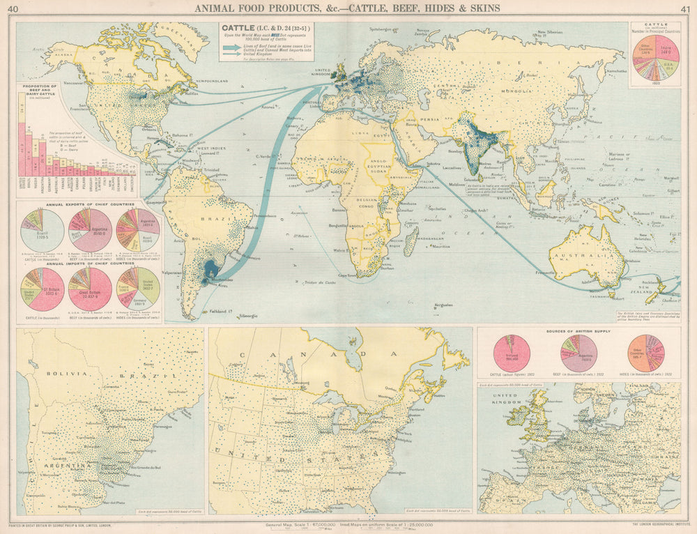 World. Animal Food Production. Cattle Beef Hides Skins. Argentina USA 1925 map