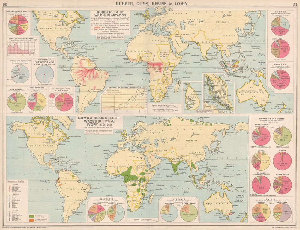 World. Rubber, Gums, Resins & Ivory production. Ceylon & Malaya 1925 old map
