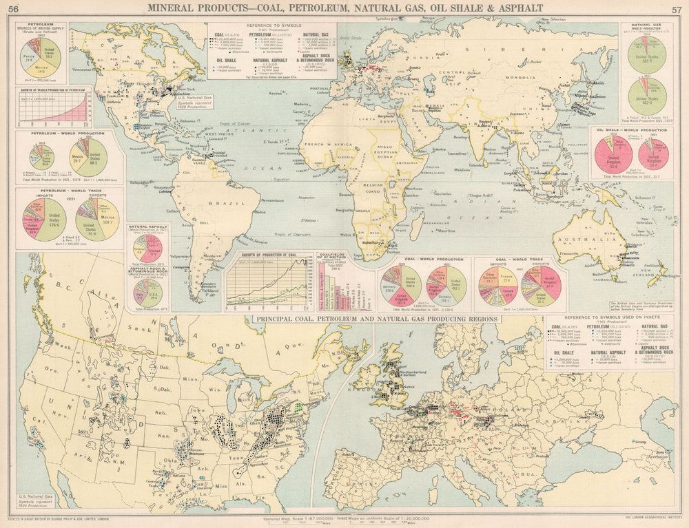 World. Coal, Petroleum, Natural Gas, Oil Shale & Asphalt production 1925 map