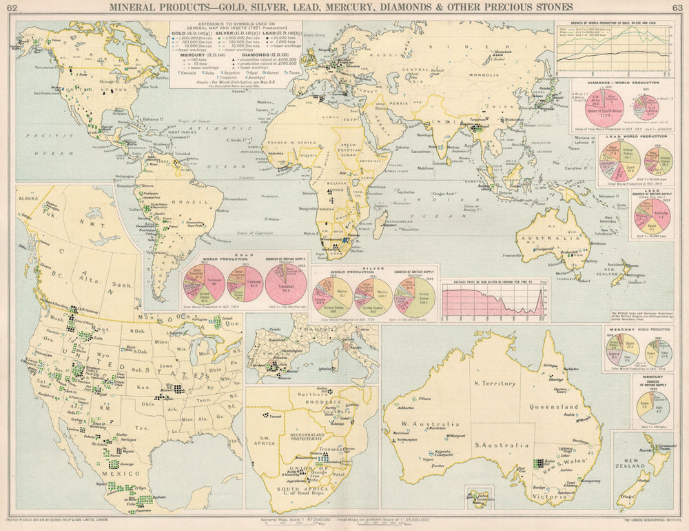 World. Gold Silver Lead Mercury Diamonds & Precious Stones production 1925 map