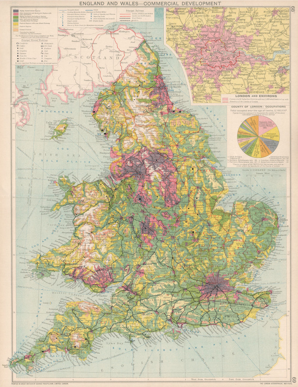 England & Wales. Commercial Development. Mineral & mining 1925 old vintage map