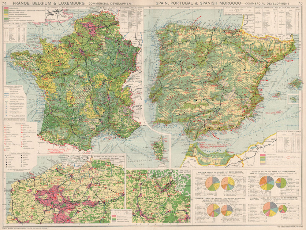 France Belgium Spain Portugal. Commercial Development. Manufacturing 1925 map