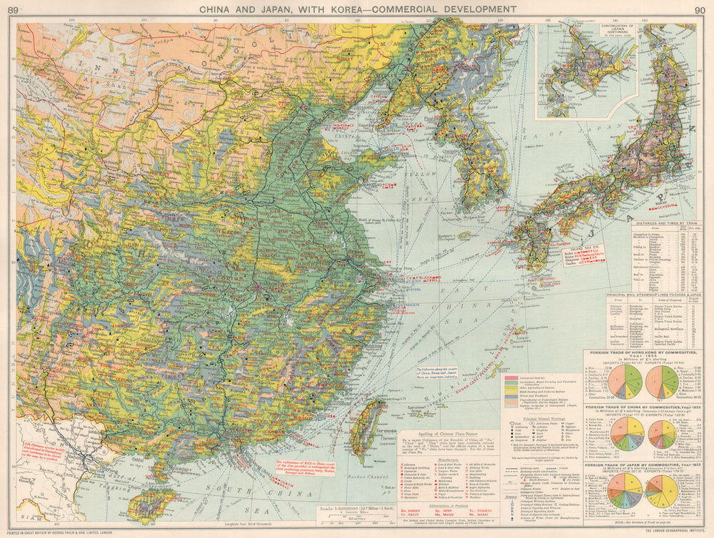East Asia China Japan Korea. Manufacturing Minerals Mining Agricultural 1925 map